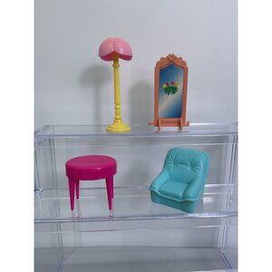 Dollhouse Furniture Lamp Mirror Table & Blue Chair Plastic 4 Pieces